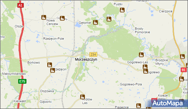 mapa Dzierżążno gmina Morzeszczyn, Dzierżążno gmina Morzeszczyn na mapie Targeo