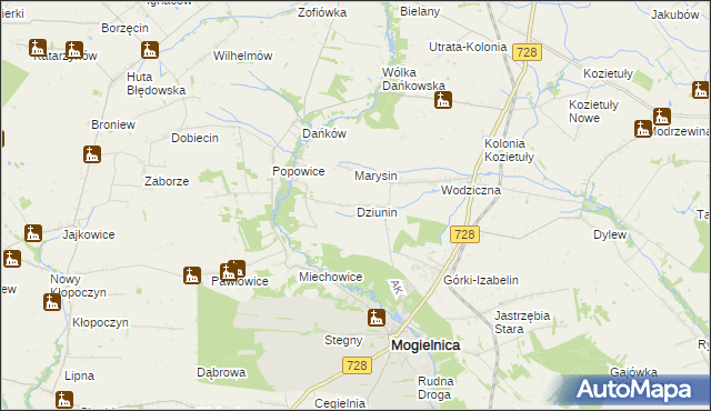 mapa Dziunin gmina Mogielnica, Dziunin gmina Mogielnica na mapie Targeo