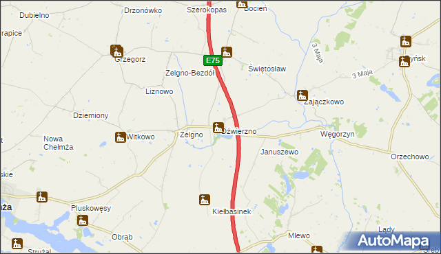 mapa Dźwierzno gmina Chełmża, Dźwierzno gmina Chełmża na mapie Targeo