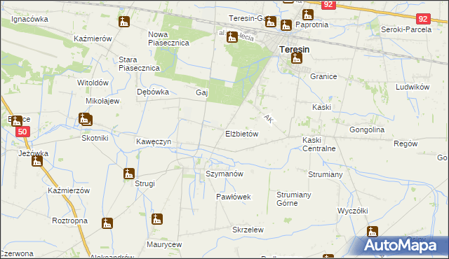 mapa Elżbietów gmina Teresin, Elżbietów gmina Teresin na mapie Targeo