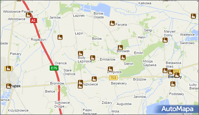 mapa Emilianów gmina Bielawy, Emilianów gmina Bielawy na mapie Targeo