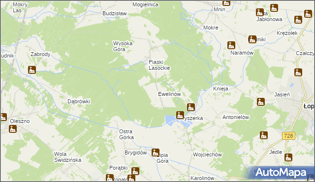 mapa Ewelinów gmina Łopuszno, Ewelinów gmina Łopuszno na mapie Targeo