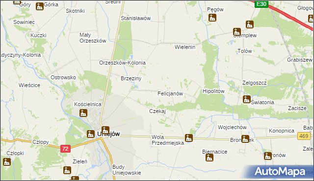 mapa Felicjanów gmina Uniejów, Felicjanów gmina Uniejów na mapie Targeo