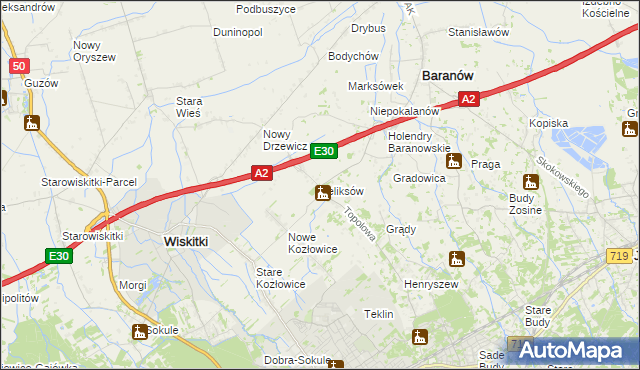 mapa Feliksów gmina Wiskitki, Feliksów gmina Wiskitki na mapie Targeo