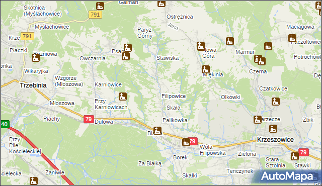 mapa Filipowice gmina Krzeszowice, Filipowice gmina Krzeszowice na mapie Targeo