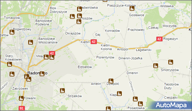 mapa Florentynów gmina Kodrąb, Florentynów gmina Kodrąb na mapie Targeo