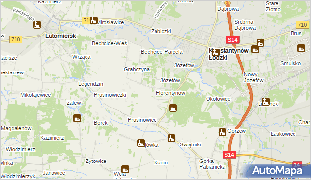 mapa Florentynów gmina Lutomiersk, Florentynów gmina Lutomiersk na mapie Targeo