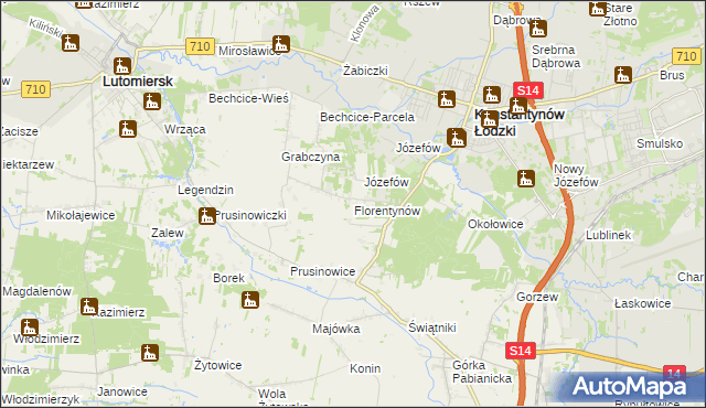 mapa Florentynów gmina Lutomiersk, Florentynów gmina Lutomiersk na mapie Targeo