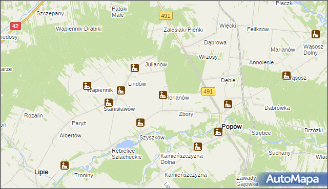 mapa Florianów gmina Popów, Florianów gmina Popów na mapie Targeo