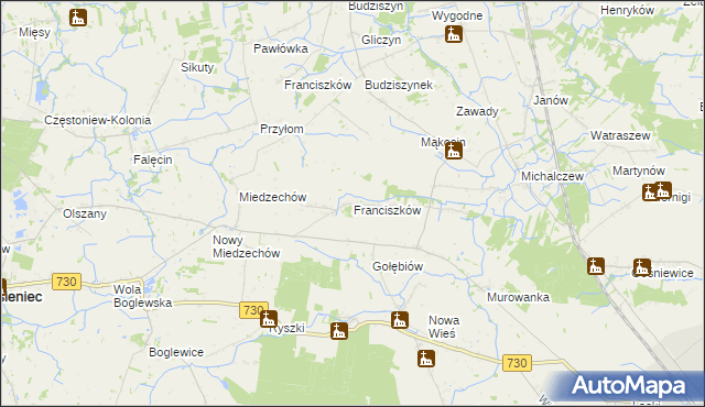 mapa Franciszków gmina Jasieniec, Franciszków gmina Jasieniec na mapie Targeo