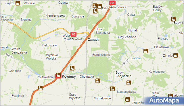 mapa Franciszków gmina Kowiesy, Franciszków gmina Kowiesy na mapie Targeo