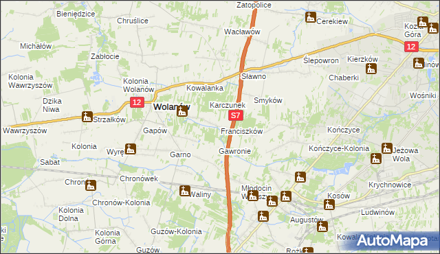 mapa Franciszków gmina Wolanów, Franciszków gmina Wolanów na mapie Targeo