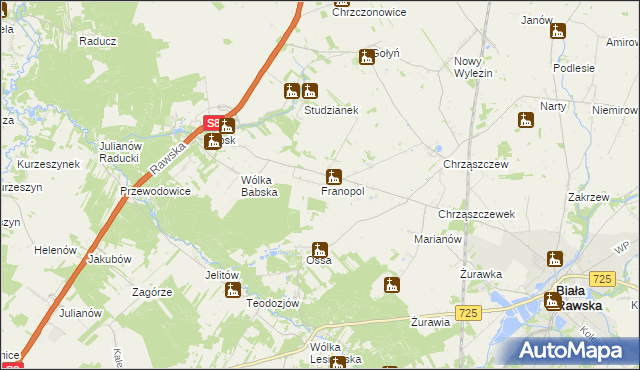 mapa Franopol gmina Biała Rawska, Franopol gmina Biała Rawska na mapie Targeo