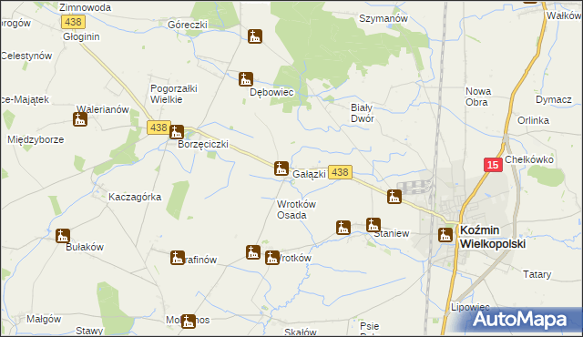 mapa Gałązki gmina Koźmin Wielkopolski, Gałązki gmina Koźmin Wielkopolski na mapie Targeo
