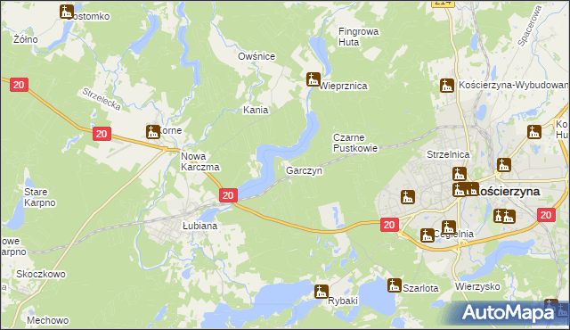 mapa Garczyn gmina Kościerzyna, Garczyn gmina Kościerzyna na mapie Targeo