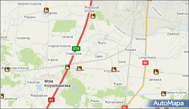 mapa Gąski gmina Wola Krzysztoporska, Gąski gmina Wola Krzysztoporska na mapie Targeo