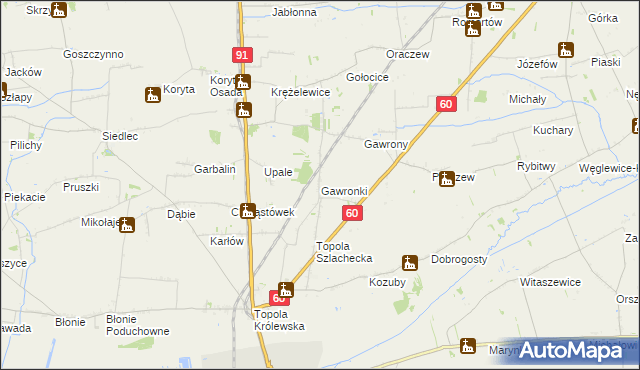 mapa Gawronki gmina Łęczyca, Gawronki gmina Łęczyca na mapie Targeo