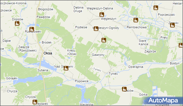 mapa Gawrony gmina Oksa, Gawrony gmina Oksa na mapie Targeo