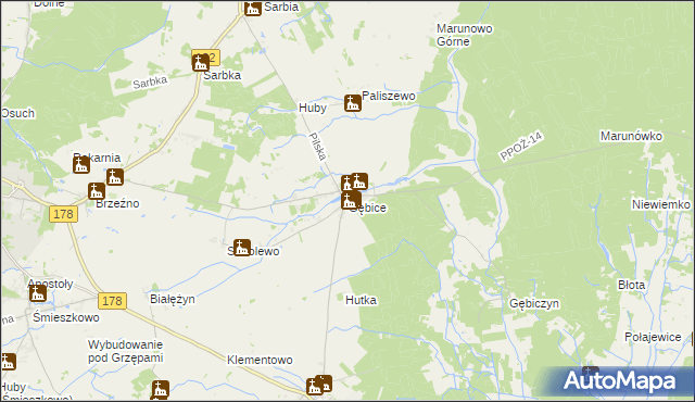 mapa Gębice gmina Czarnków, Gębice gmina Czarnków na mapie Targeo