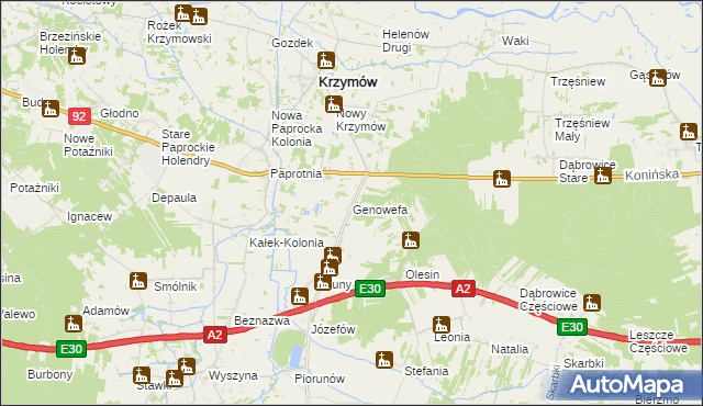 mapa Genowefa gmina Krzymów, Genowefa gmina Krzymów na mapie Targeo