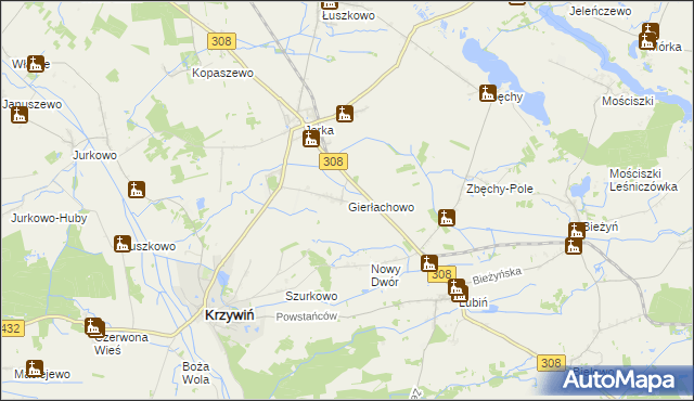 mapa Gierłachowo gmina Krzywiń, Gierłachowo gmina Krzywiń na mapie Targeo