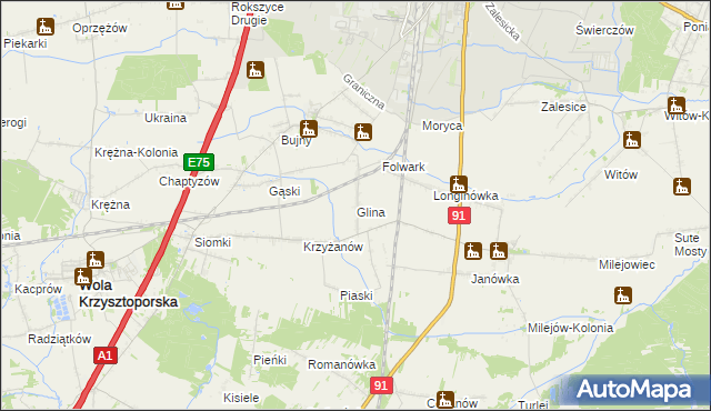 mapa Glina gmina Wola Krzysztoporska, Glina gmina Wola Krzysztoporska na mapie Targeo