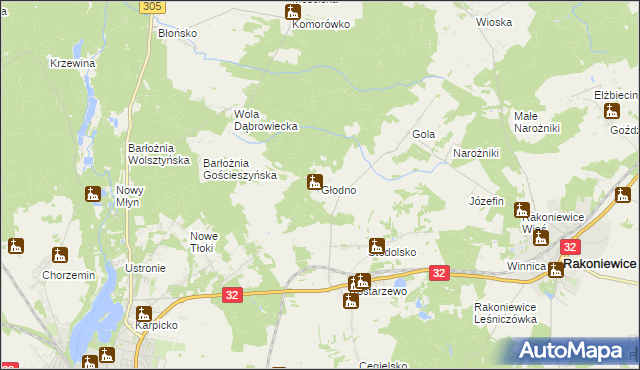 mapa Głodno gmina Rakoniewice, Głodno gmina Rakoniewice na mapie Targeo