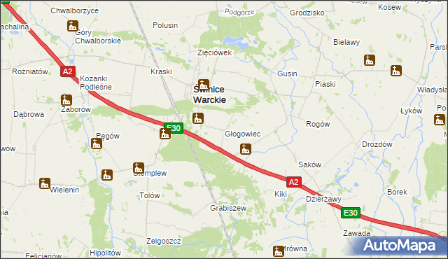 mapa Głogowiec gmina Świnice Warckie, Głogowiec gmina Świnice Warckie na mapie Targeo