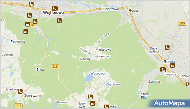 mapa Gniewowo gmina Wejherowo, Gniewowo gmina Wejherowo na mapie Targeo