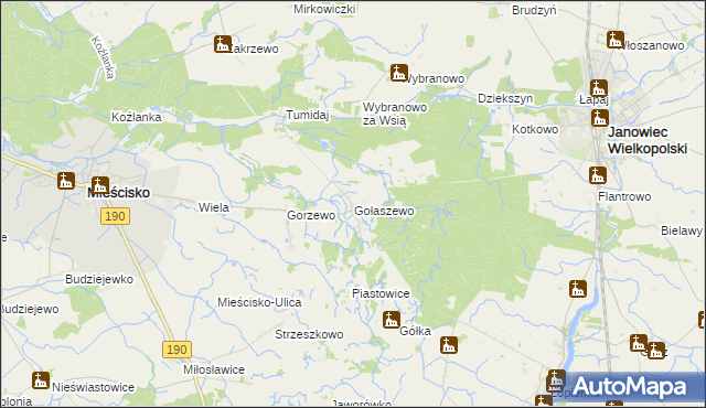 mapa Gołaszewo gmina Mieścisko, Gołaszewo gmina Mieścisko na mapie Targeo