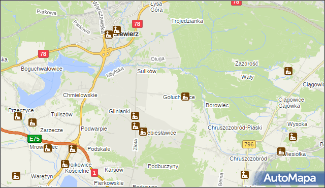 mapa Gołuchowice gmina Siewierz, Gołuchowice gmina Siewierz na mapie Targeo