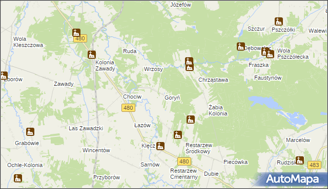 mapa Goryń gmina Widawa, Goryń gmina Widawa na mapie Targeo