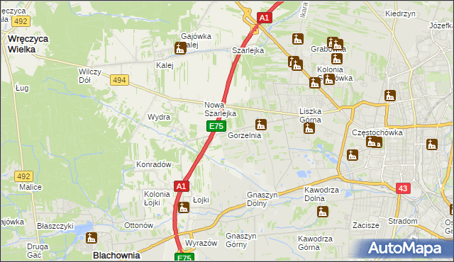 mapa Gorzelnia gmina Blachownia, Gorzelnia gmina Blachownia na mapie Targeo