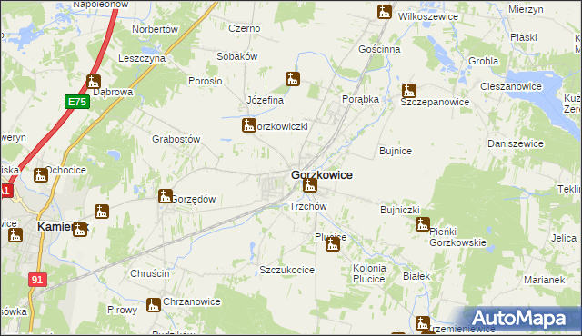 mapa Gorzkowice, Gorzkowice na mapie Targeo