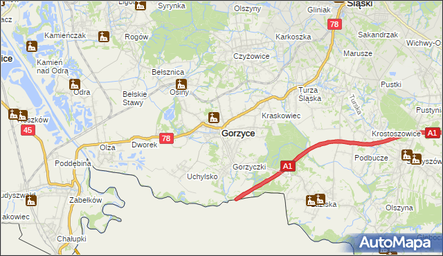 mapa Gorzyce powiat wodzisławski, Gorzyce powiat wodzisławski na mapie Targeo