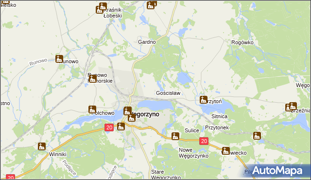 mapa Gościsław gmina Węgorzyno, Gościsław gmina Węgorzyno na mapie Targeo