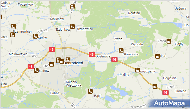 mapa Gosławice gmina Dobrodzień, Gosławice gmina Dobrodzień na mapie Targeo