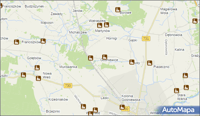 mapa Gośniewice gmina Warka, Gośniewice gmina Warka na mapie Targeo