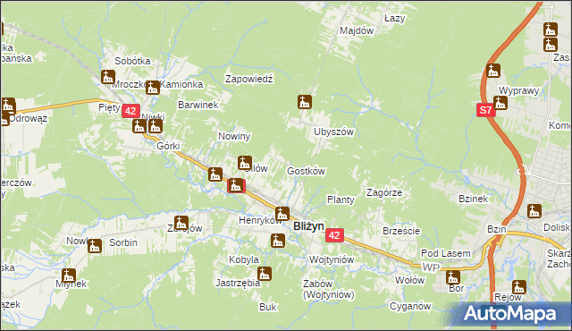 mapa Gostków gmina Bliżyn, Gostków gmina Bliżyn na mapie Targeo