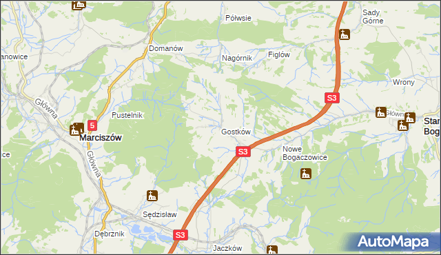 mapa Gostków gmina Stare Bogaczowice, Gostków gmina Stare Bogaczowice na mapie Targeo