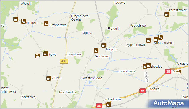 mapa Gostkowo gmina Miejska Górka, Gostkowo gmina Miejska Górka na mapie Targeo