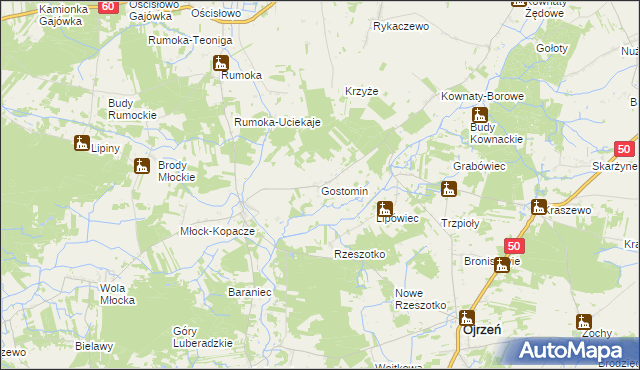 mapa Gostomin gmina Ojrzeń, Gostomin gmina Ojrzeń na mapie Targeo