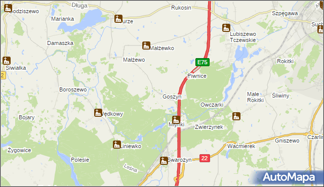 mapa Goszyn gmina Tczew, Goszyn gmina Tczew na mapie Targeo