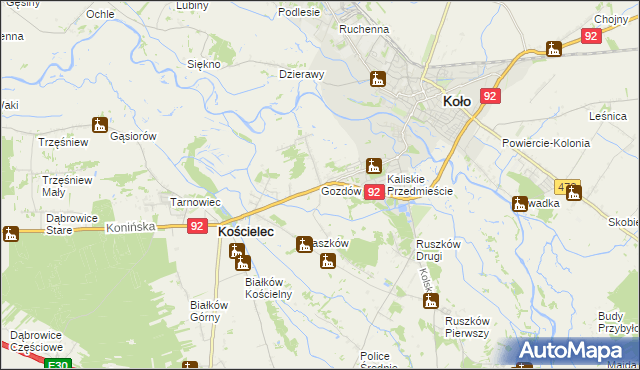 mapa Gozdów gmina Kościelec, Gozdów gmina Kościelec na mapie Targeo