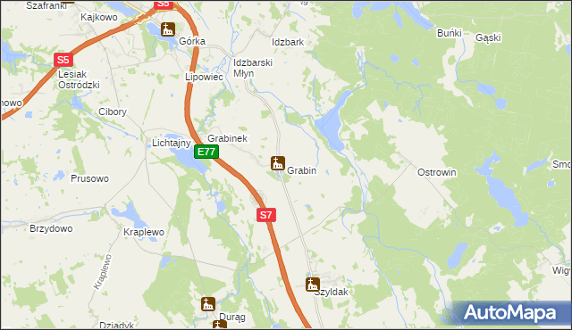 mapa Grabin gmina Ostróda, Grabin gmina Ostróda na mapie Targeo