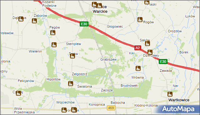 mapa Grabiszew gmina Wartkowice, Grabiszew gmina Wartkowice na mapie Targeo