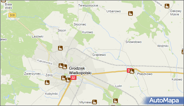 mapa Grąblewo gmina Grodzisk Wielkopolski, Grąblewo gmina Grodzisk Wielkopolski na mapie Targeo