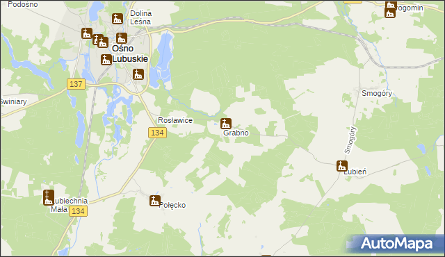 mapa Grabno gmina Ośno Lubuskie, Grabno gmina Ośno Lubuskie na mapie Targeo