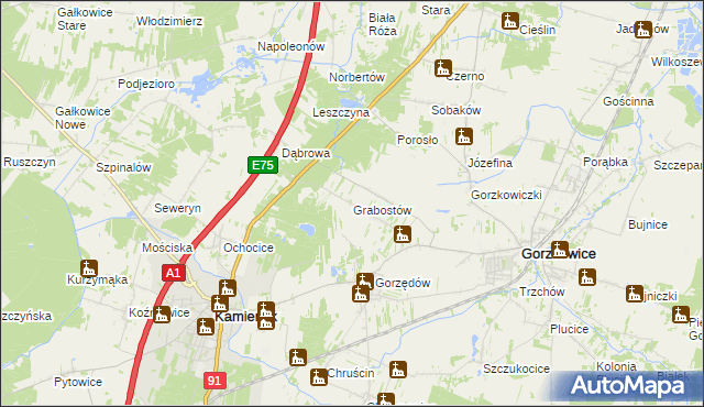 mapa Grabostów gmina Gorzkowice, Grabostów gmina Gorzkowice na mapie Targeo