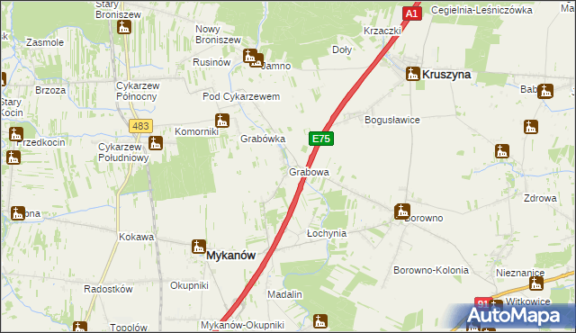 mapa Grabowa gmina Mykanów, Grabowa gmina Mykanów na mapie Targeo